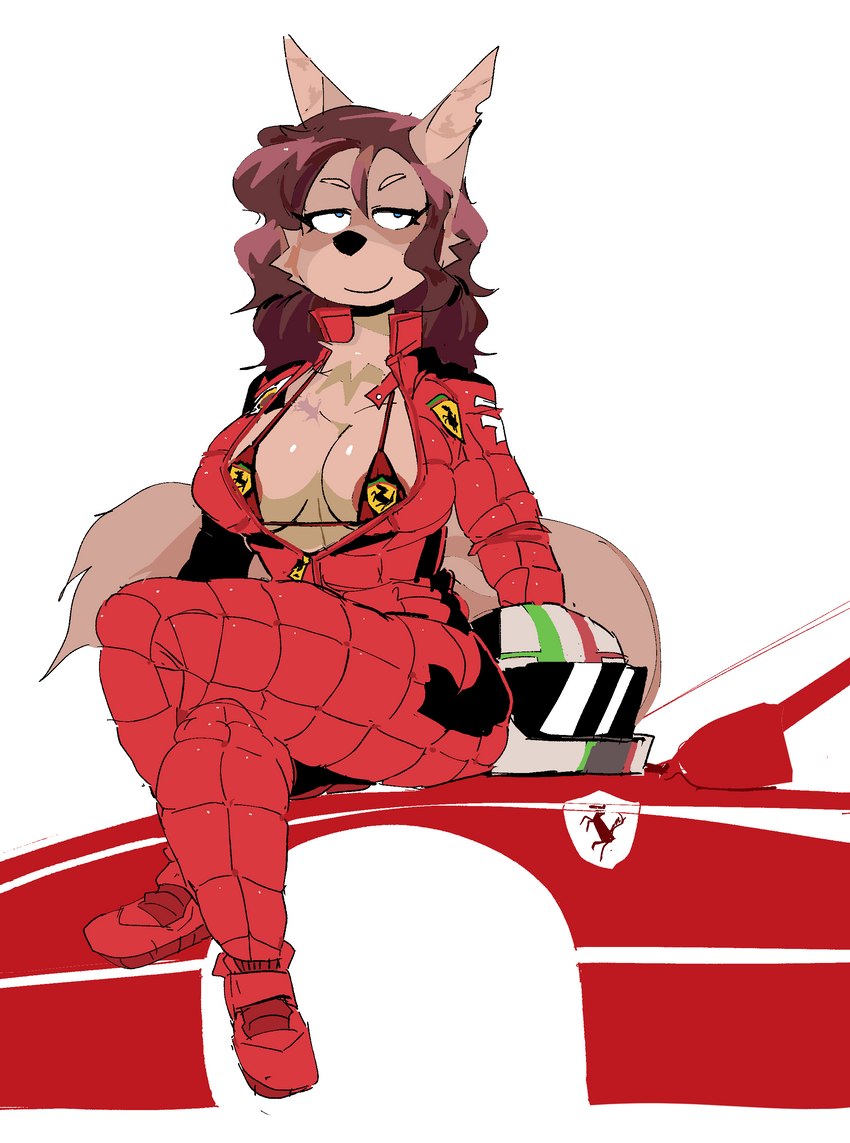 anthro armor blue_eyes bra breasts car cleavage clothed clothing female headgear helmet jumpsuit looking_at_viewer nipples open_jumpsuit racing_suit scar sitting solo underwear vehicle zipper_down velvetomo ferrari sonoracers lucia_martina canid canine canis mammal wolf absurd_res hi_res