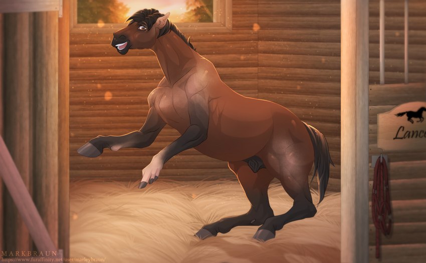 animal_genitalia feral fingers fully_sheathed genitals hands_to_hooves happy hooved_fingers hooves male mid_transformation open_mouth sheath smile solo species_transformation stable transformation marleybraun lance_foxx equid equine horse mammal