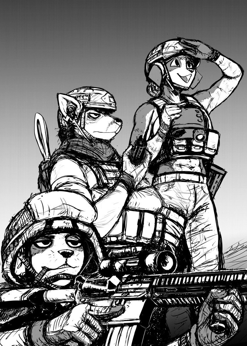 anthro ar_platform armor body_armor breasts crayon electronics female group gun headgear helmet male military military_helmet plate_carrier radio ranged_weapon rifle scope soldier trigger_discipline warrior weapon hladilnik bucky_(hladilnik) peggy_patterson samantha_thott canid canine canis domestic_cat domestic_dog felid feline felis mammal 2022 greyscale hi_res monochrome