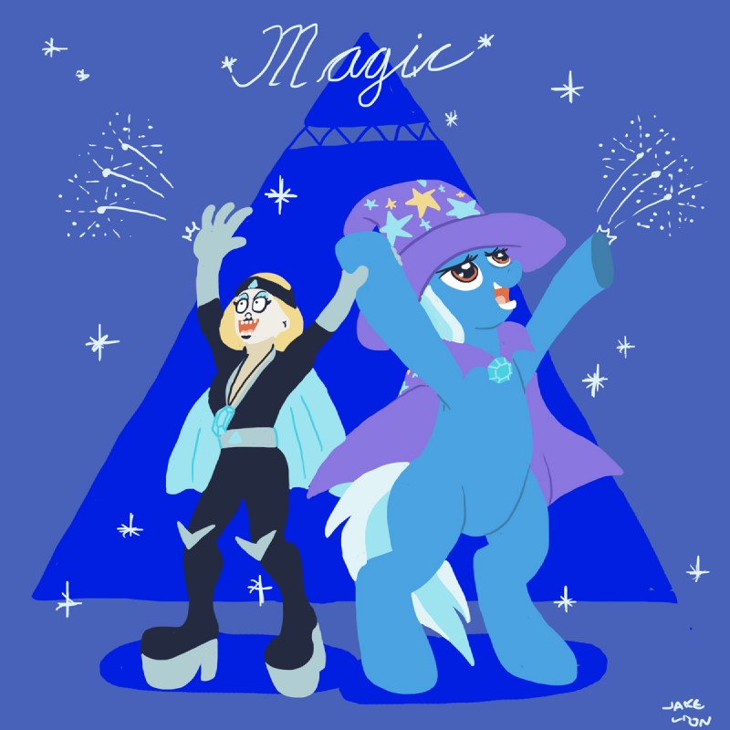 cape clothing dl_diamond duo female male tail docwario friendship_is_magic hasbro my_little_pony superjail! trixie_(mlp) equid equine horse human mammal pony 1:1 crossover hi_res