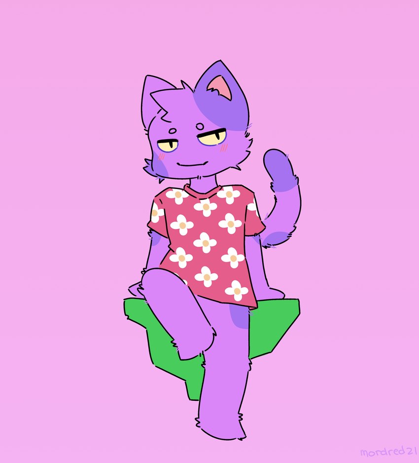 bottomless clothed clothing floral_print fur purple_body purple_fur shirt simple_background solo t-shirt topwear yellow_sclera moordred animal_crossing nintendo bob_(animal_crossing) domestic_cat felid feline felis mammal absurd_res hi_res