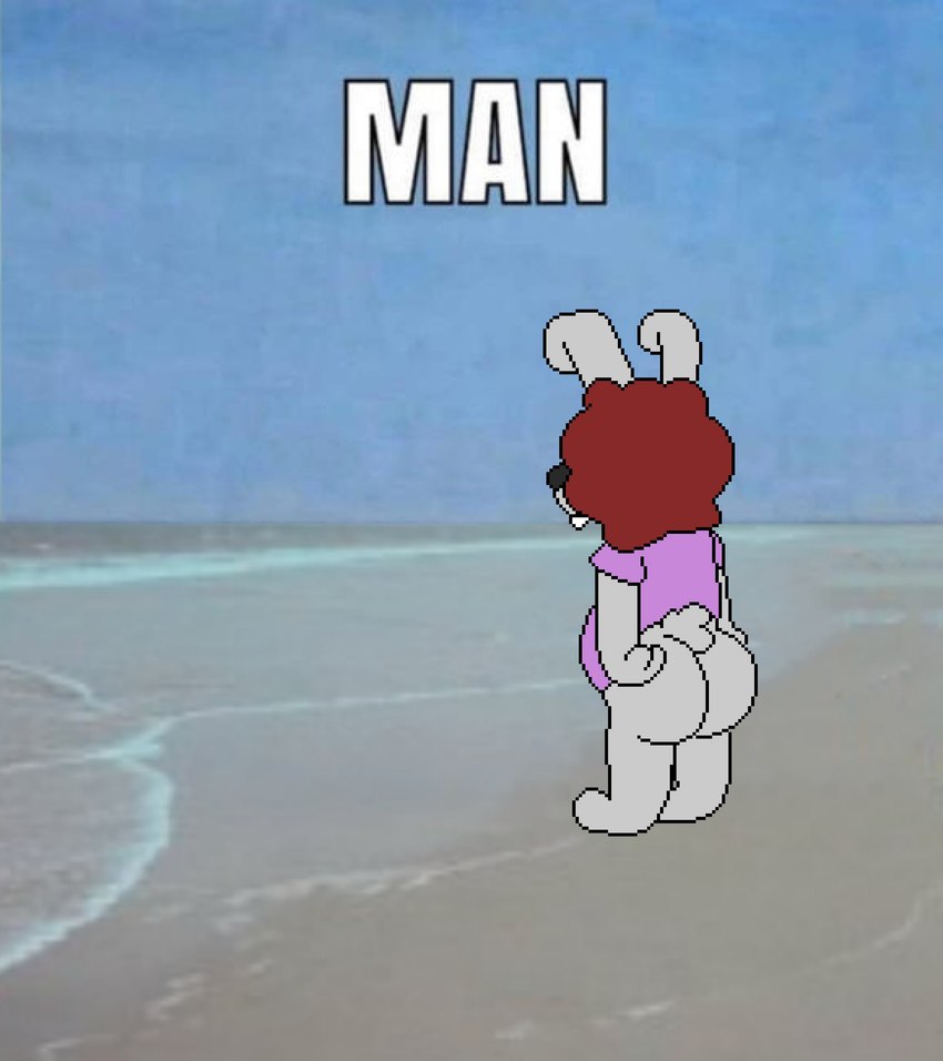 ambiguous_gender anthro big_butt big_ears black_nose buckteeth butt clothing cotton_tail ears_up fluffy fluffy_hair hair huge_butt humor long_ears looking_away male nub_tail photo photo_background purple_clothing purple_shirt purple_topwear red_hair sand sea shirt shitpost small_tail solo tail teeth text topwear unusual_hair water harleyfunnycat man_meme animal_humanoid humanoid lagomorph lagomorph_humanoid leporid leporid_humanoid mammal mammal_humanoid rabbit rabbit_humanoid absurd_res digital_media_(artwork) draw_over hi_res impact_(font) lol_comments meme microsoft_paint_(artwork) photography_(artwork) reaction_image