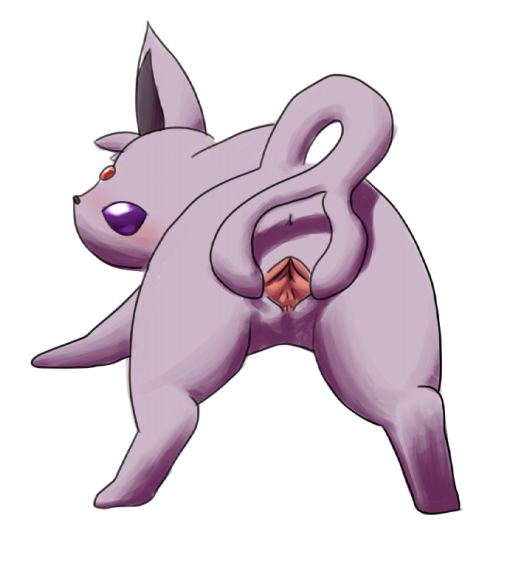 anus black_nose blush butt clitoris female feral forked_tail fur genitals looking_at_viewer looking_back nude presenting presenting_pussy purple_body purple_eyes purple_fur pussy simple_background solo spread_pussy spreading tail unusual_anatomy unusual_tail white_background kyuubi360 nintendo pokemon canid canine eeveelution espeon generation_2_pokemon mammal pokemon_(species)