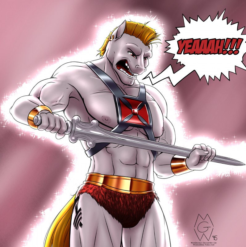 abs anthro anthrofied armor athletic biceps blonde_hair bracelet clothed clothing cutie_mark dialogue ear_piercing front_view gold_(metal) hair jewelry male melee_weapon mohawk muscular muscular_anthro muscular_male nipples open_mouth pecs piercing red_eyes short_hair solo sword teeth text topless unconvincing_armor vein weapon mykegreywolf friendship_is_magic hasbro masters_of_the_universe mattel my_little_pony bulk_biceps_(mlp) he-man equid equine horse mammal pony 2015 absurd_res crossover english_text hi_res