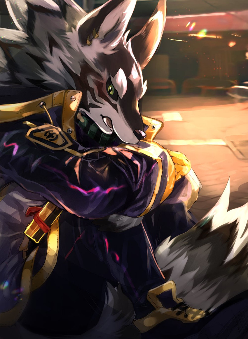 anthro brown_body brown_fur clothed clothing countershading ear_piercing ear_ring fully_clothed fur green_eyes grey_body grey_fur inner_ear_fluff male piercing pupils ring_piercing slit_pupils solo tuft ohayashi55 lifewonders tokyo_afterschool_summoners seth_(tas) canid canine canis jackal mammal hi_res shaded