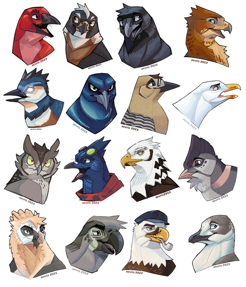 ambiguous_gender beak black_body blue_body brown_body clothing countershade_neck countershading eyebrows eyewear feral glasses grey_body hat headgear headwear open_mouth open_smile smile smoking_pipe white_body aevris yksteldus accipitrid accipitriform avian bald_eagle bearded_vulture belted_kingfisher bird buteo chickenhawk coraciiform corvid corvus_(genus) eagle great_black-backed_gull gull kingfisher lari larid old_world_vulture oscine owl passerine red-tailed_hawk sea_eagle vulture 2023 absurd_res bust_portrait hi_res portrait