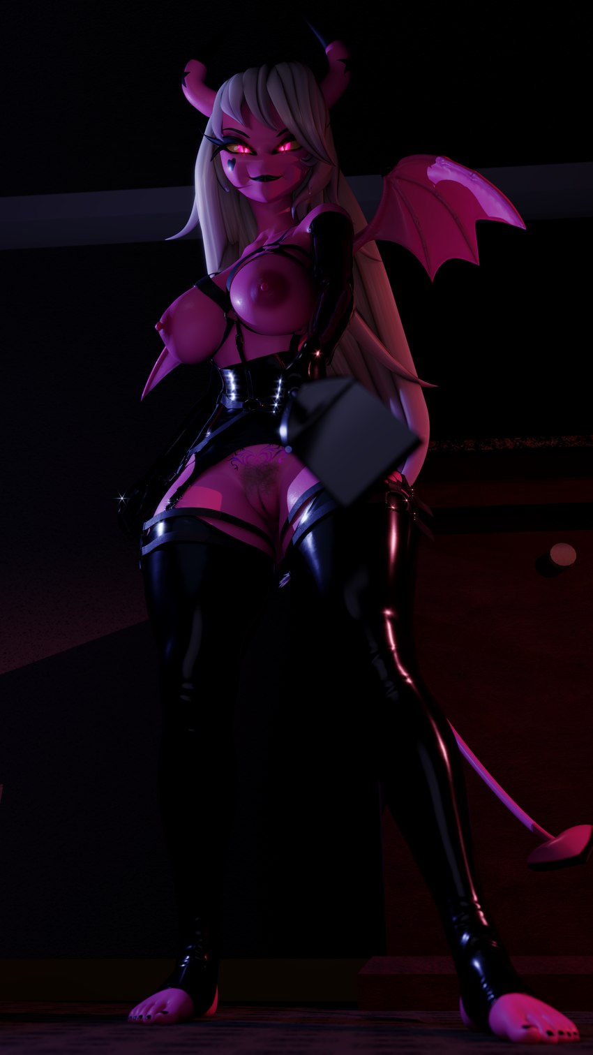 big_breasts bondage_gear breasts feet female genitals not_furry plump_labia pubes pussy riding_crop solo tail whip strikefrommidnight samzan_(modeler) helluva_boss verosika_mayday demon humanoid succubus 3d_(artwork) 4k 9:16 absurd_res blender_(artwork) digital_media_(artwork) hi_res huge_filesize