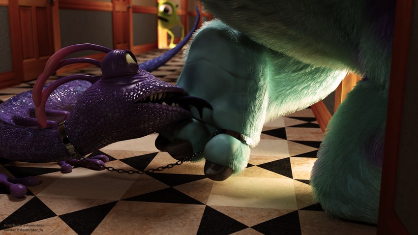 abuse bdsm bondage bound caught claws curling_toes duo feet foot_fetish foot_lick foot_on_chin foot_play hindpaw humiliation leash licking male male/male paws public toecuffs toes tongue tongue_out stormrider disney monsters_inc pixar mike_wazowski randall_boggs sulley humanoid monster 16:9 3d_(artwork) 4k absurd_res blender_(artwork) digital_media_(artwork) hi_res widescreen