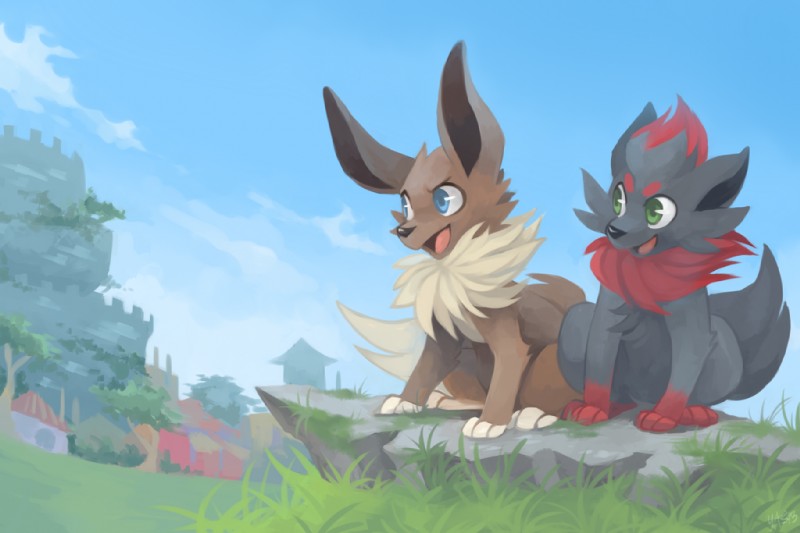 ambiguous_gender black_body black_fur blue_eyes brown_body brown_fur building cloud duo feral fur grass green_eyes open_mouth outside plant sky yassui nintendo pokemon canid canine eevee generation_1_pokemon generation_5_pokemon mammal pokemon_(species) zorua