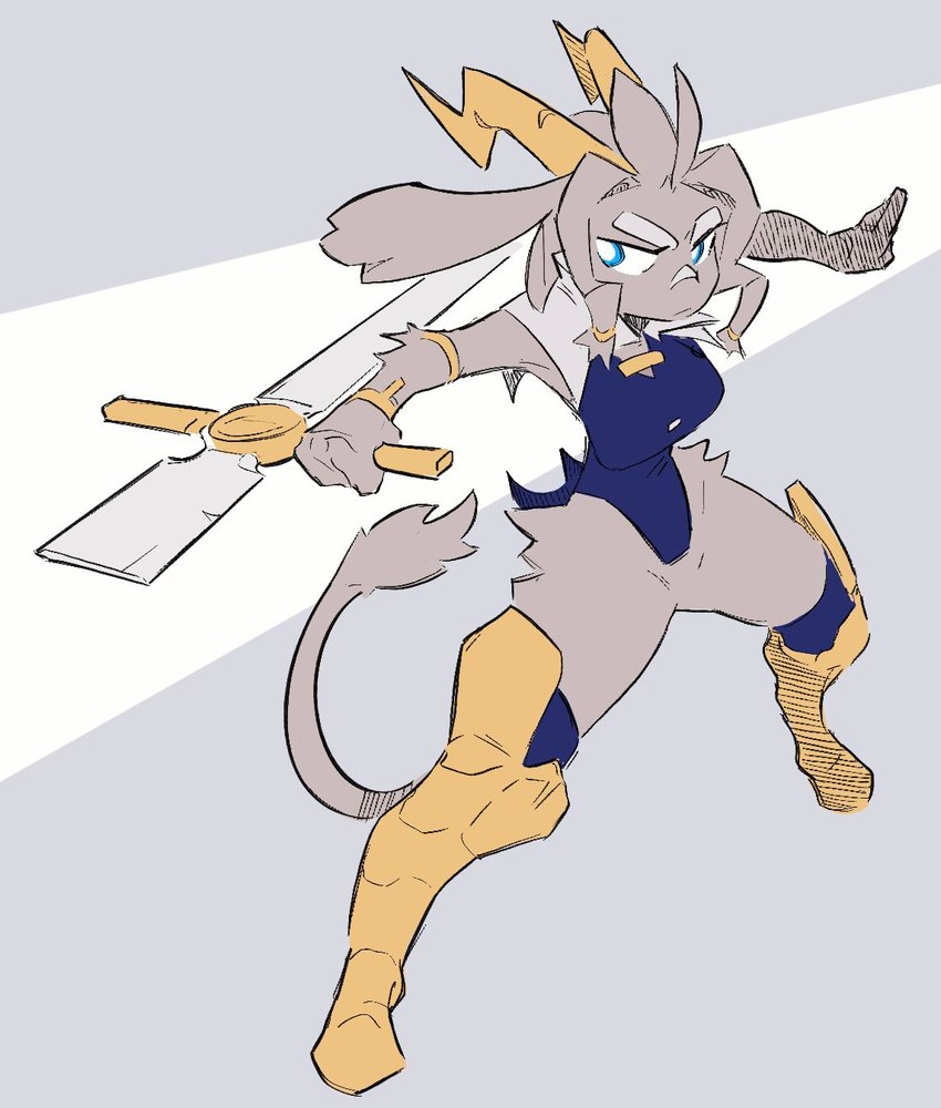 abstract_background accessory anthro antlers arm_tuft armband armored_boots big_breasts biped blue_eyes breasts clothing coat curvy_figure digitigrade female fighting_pose floppy_ears fur grey_body grey_fur hair_accessory hip_tuft holding_melee_weapon holding_object holding_sword holding_weapon horn hourglass_figure jewelry long_ears melee_weapon pose shoulder_tuft small_waist solo stern_look sword tail tail_tuft tailcoat thick_thighs topwear tuft weapon wide_hips wristband painedpinata pseudoregalia sybil_(pseudoregalia) bovid caprine felid feline goat hybrid jackalope lagomorph mammal hi_res