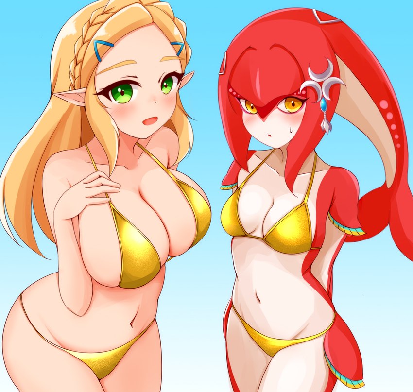 accessory big_breasts bikini blonde_hair blush blush_lines bodily_fluids braided_hair breast_size_difference breasts clothing duo exposure_variation female front_view gold_bikini green_eyes hair hair_accessory humanoid_pointy_ears looking_at_viewer medium_breasts navel open_mouth pointy_ears red_body simple_background sky_background sweat sweatdrop swimwear two-piece_swimsuit yellow_eyes ayatori breath_of_the_wild golden_week nintendo the_legend_of_zelda mipha princess_zelda animal_humanoid humanoid marine marine_humanoid zora 2023 digital_media_(artwork) hi_res