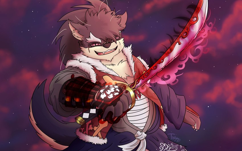 anthro bandage eyebrows hair katana male melee_weapon musclegut muscular ponytail red_eyes samurai sky smile solo star starry_sky sword thick_eyebrows warrior weapon the_owly_dragon lifewonders tokyo_afterschool_summoners shino_(tas) canid canine canis domestic_dog mammal absurd_res hi_res