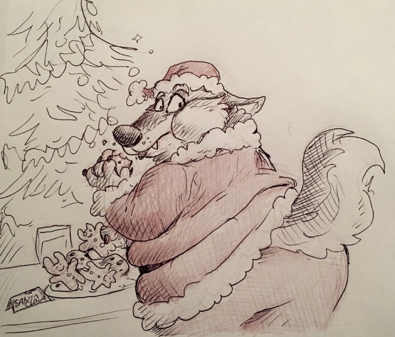 anthro belly big_belly big_butt butt cheek_bulge christmas_clothing christmas_headwear christmas_tree claws clothed clothing container cookie costume cup eating food fur grey_body grey_fur hat headgear headwear holding_food holding_object holidays inside looking_back love_handles male obese obese_anthro obese_male overweight overweight_anthro overweight_male plant santa_costume santa_hat simple_background solo standing teeth thick_thighs tree sharpt00th christmas canid canine canis mammal wolf