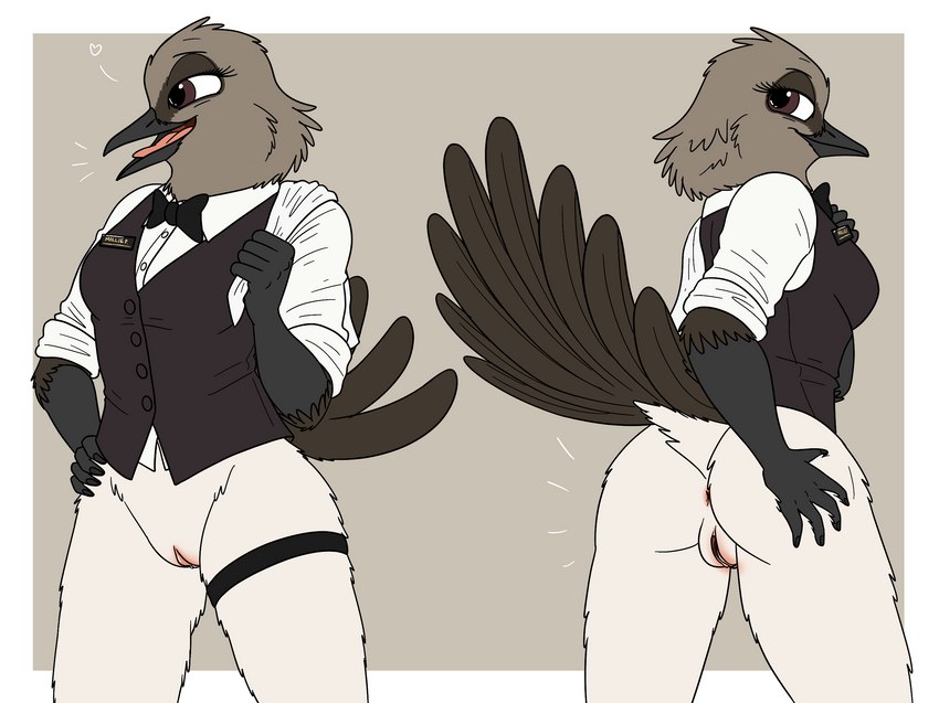 anthro anus black_tie_(suit) blush body_blush bottomless bow_tie butt casual_exposure clothed clothing dress_shirt female genitals leg_strap looking_back presenting presenting_hindquarters pussy pussy_blush raised_tail rolled_up_sleeves shirt solo suit tail topwear towel vest waiter waiter_suit waitress_uniform fish_birb millie_(fish_birb) avian bird oscine passerine starling_(bird) hi_res