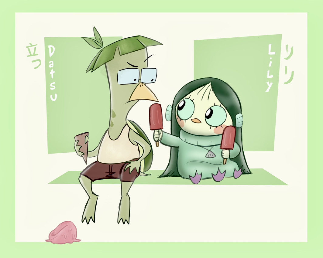 3_legs 3_toes anthro barefoot beak biped border bottomwear brown_bottomwear brown_clothing brown_shorts clothing dessert duo eye_contact eyelashes eyewear feet female female_anthro fin food glasses green_border green_hair green_text hair head_fin ice_cream ice_cream_cone larger_anthro larger_male long_hair looking_at_another male male_anthro membrane_(anatomy) popsicle rectangular_glasses rosy_cheeks seashell seashell_necklace sharing sharing_food shell shirt shorts sitting size_difference smaller_anthro smaller_female split_form straight_hair sweater tank_top text toes topwear turtle_shell webbed_feet white_clothing white_shirt white_tank_top white_topwear yellow_beak young young_anthro young_female young_male artist-exhale asian_mythology east_asian_mythology japanese_mythology mythology amabie kappa marine merfolk yokai 2024 character_name colored english_description english_text hi_res japanese_text adopted_(lore) adoptive_brother_(lore) adoptive_sibling_(lore) adoptive_sister_(lore) brother_(lore) brother_and_sister_(lore) sibling_(lore) sister_(lore)