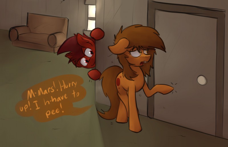 bathroom braces dialogue duo female male mean omorashi prank text marsminer hasbro my_little_pony fan_character mars_miner venus_spring earth_pony equid equine horse mammal pony 2015 digital_media_(artwork) english_text hi_res