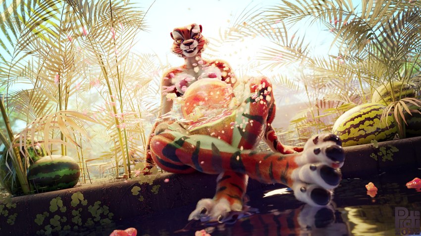 anthro barefoot biped black_stripes breasts dutch_angle feet female food foot_focus foreshortening fruit fur low-angle_view melon muscular muscular_anthro muscular_female nipples nude orange_body orange_fur palm_frond plant pond red_eyes sitting small_breasts solo stripes water watermelon watermelon_crushing yellow_sclera picti dreamworks kung_fu_panda master_tigress master_tigress_(picti) felid mammal pantherine tiger 16:9 3d_(artwork) digital_media_(artwork) full-length_portrait hi_res portrait widescreen