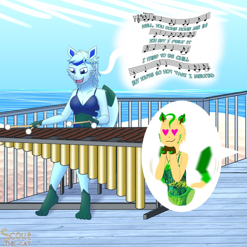 anthro beach_background bikini blue_body blue_clothing blue_eyes blue_fur blue_hair bottomwear breasts brown_body brown_eyes brown_fur clothing cutaway duo ear_piercing ear_ring expression_cutaway eyeliner female fur green_body green_clothing green_fur hair heart_eyes heart_symbol jewelry makeup marimba musical_clef musical_instrument musical_note musical_symbol necklace one-piece_swimsuit pattern_clothing pattern_swimwear percussion_instrument piercing ring_piercing singing skirt small_breasts solo_focus swimwear symbol tail tail_motion tailwag two-piece_swimsuit scoutthecat02 nintendo pokemon lisa_devellis marissa_reinhart eeveelution generation_4_pokemon glaceon leafeon pokemon_(species) 1:1 absurd_res hi_res