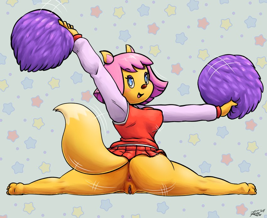 anthro anus barefoot blue_eyes bottomless breasts butt cheerleader cheerleader_outfit clothed clothing eyeshadow feet female fur genitals hair looking_at_viewer makeup open_mouth open_smile orange_body orange_fur pink_hair pussy smile smiling_at_another smiling_at_partner soles solo revtilian sr parappa_the_rapper sony_corporation sony_interactive_entertainment paula_fox canid canine fox mammal 2024 absurd_res collaboration hi_res