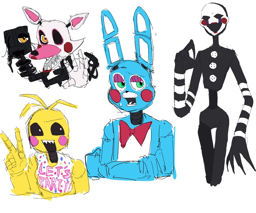 mangle, marionette, toy bonnie, and toy chica (five nights at freddy's 2 and etc) created by pitaya988