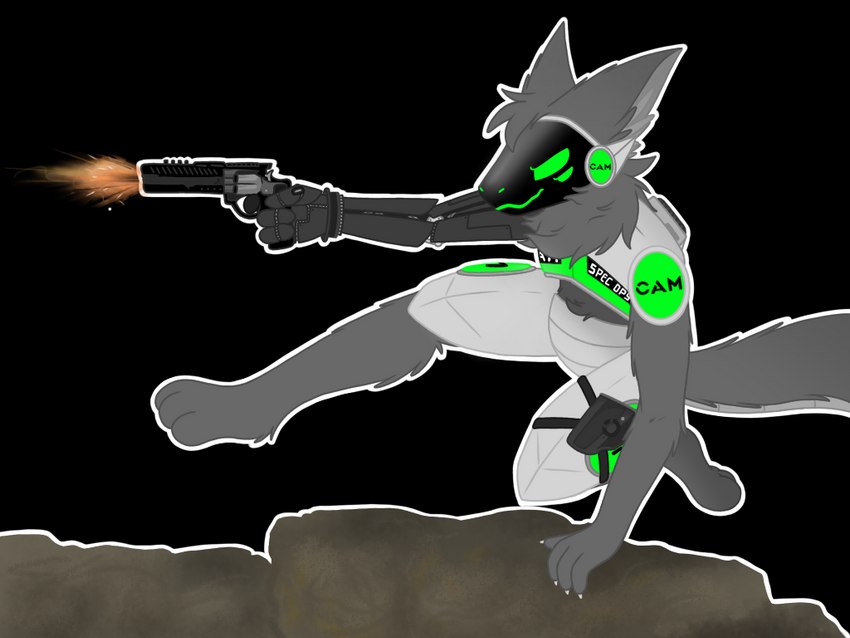 4_eyes anthro c.a.m. carbon_fiber climbing cybernetic_arm cybernetic_limb cybernetics feet fluffy fluffy_tail fur green_body green_eyes grey_body grey_fur gun hair handgun holding_gun holding_object holding_ranged_weapon holding_weapon holster led_mask machine male military multi_eye neck_tuft pistol prosthetic ranged_weapon revolver screen screen_face shooting simple_background smile solo special_forces tail thrusters transparent_background tuft weapon kytcrafts spec_ops yuri_chacal canid canine canis jackal mammal protogen 4:3 alpha_channel digital_media_(artwork)