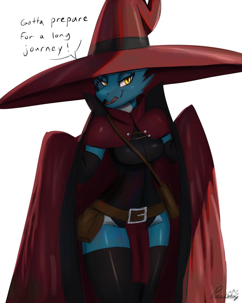 anthro belt big_hat blue_body breasts clothing dialogue female hat headgear headwear legwear looking_at_viewer robe satchel simple_background solo thigh_highs wide_hips yellow_eyes conditional_dnp paradoxing skye_(paradoxing) kobold scalie 2024 4:5 digital_media_(artwork) digital_painting_(artwork) hi_res signature