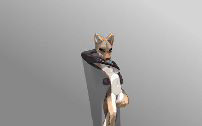 anthro big_breasts bottomless breasts clothed clothing female shirt shirt_only skinny slim solo topwear topwear_only young southnorth canid canine canis domestic_dog mammal