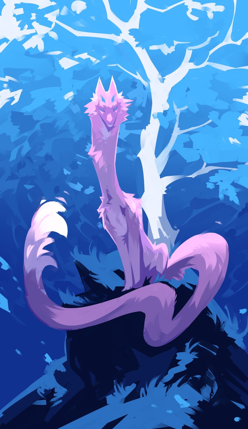 abstract_background ambiguous_gender arm_tuft blue_eyes cheek_tuft dipstick_tail empty_eyes facial_tuft feral fur looking_at_viewer markings mouth_closed neck_tuft pink_body pink_ears pink_fur pink_tail plant shoulder_tuft sitting solo tail tail_markings tree tuft corzh77 mythology dragon furred_dragon furred_scalie mythological_creature mythological_scalie scalie absurd_res blue_theme hi_res restricted_palette