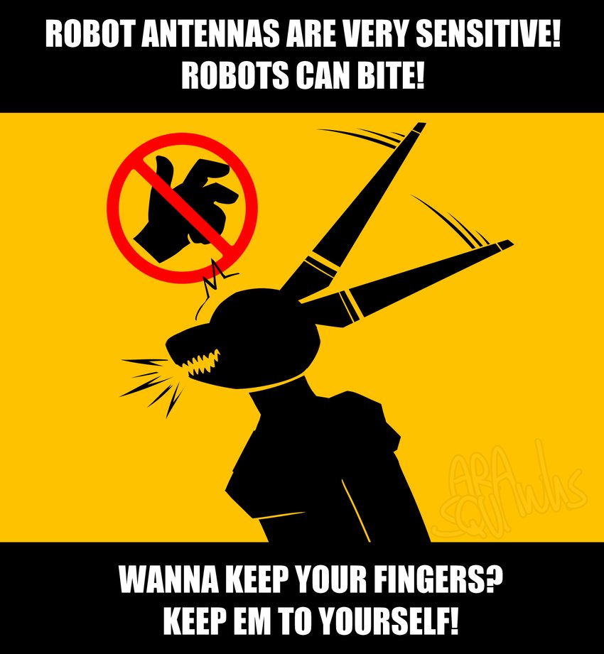 antennae_(anatomy) anthro caption disembodied_hand ears_back female machine pivoted_ears sharp_teeth solo teeth warning_sign ara_squawks jane_(ara_squawks) humanoid robot robot_anthro robot_humanoid absurd_res hi_res