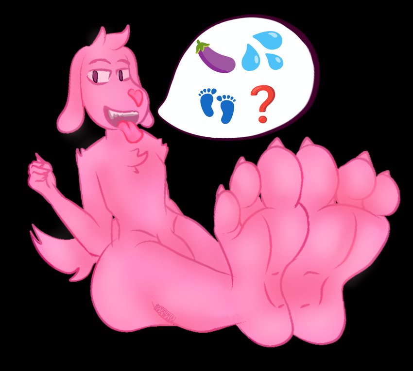 3_toes 4_fingers anthro arm_tuft aroused big_feet claws curling_toes ears_down eggplant_emoji ejaculation emoji eyebrows fangs feet feet_together fingers first_person_view fluffy fluffy_chest fluffy_tail foot_fetish foot_focus fur genitals hair hands-free heart_symbol humanoid_feet humanoid_genitalia humanoid_penis male nude open_mouth penis pink_body pink_fur pink_hair pink_nose pivoted_ears plantigrade purple_eyes sexy_eyes shoulder_tuft soles solo speech_bubble sticker stretching_legs tail talking_to_viewer teeth telegram_sticker toes tongue tongue_out tuft tufted_fur brunisdraws telegram lovehound canid canine canis domestic_dog mammal absurd_res alpha_channel hi_res signature