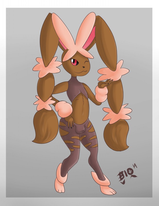 anthro bulge clothing crop_top femboy legwear male shirt solo thigh_highs thong topwear underwear meirune nintendo pokemon mocha generation_6_pokemon lagomorph mammal mega_evolution mega_lopunny pokemon_(species) shiny_pokemon absurd_res hi_res