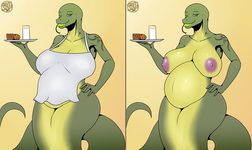 anthro apode belly big_belly big_breasts breasts closed_smile clothed clothing cookie eyelashes female food forked_tongue green_body green_eyes green_tail holding_plate legless lips looking_at_viewer milk mouth_closed nipples nude one_eye_closed pregnant pregnant_anthro pregnant_female pupils purple_nipples serpentine simple_background slit_pupils smile solo tail tattoo thick_lips tongue tongue_out yellow_background yellow_body romman08 draconcopode naga reptile scalie snake hi_res