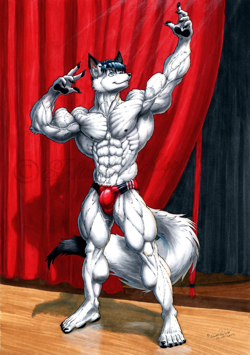 5_fingers 5_toes abs anthro archer_pose big_arms big_chest big_legs big_muscles black_hair black_nipples black_nose blue_eyes broad_shoulders bulge claws clothed clothing curtains detailed_background detailed_muscles dipstick_tail feet fingers flexing floor fluffy fluffy_tail fur hair huge_muscles humanoid_feet inside looking_aside looking_up male markings muscular muscular_anthro muscular_male nipples pawpads pecs plantigrade pose posing_for_picture presenting serratus solo speedo speedo_only striated_muscles swimwear tail tail_markings thick_neck thick_thighs toe_claws toes topless vein veiny_abs veiny_arms veiny_neck white_body white_fur wood wood_floor djdarkfox dj_(djdarkfox) arctic_fox canid canine fox mammal true_fox 2012 hi_res signature traditional_media_(artwork)