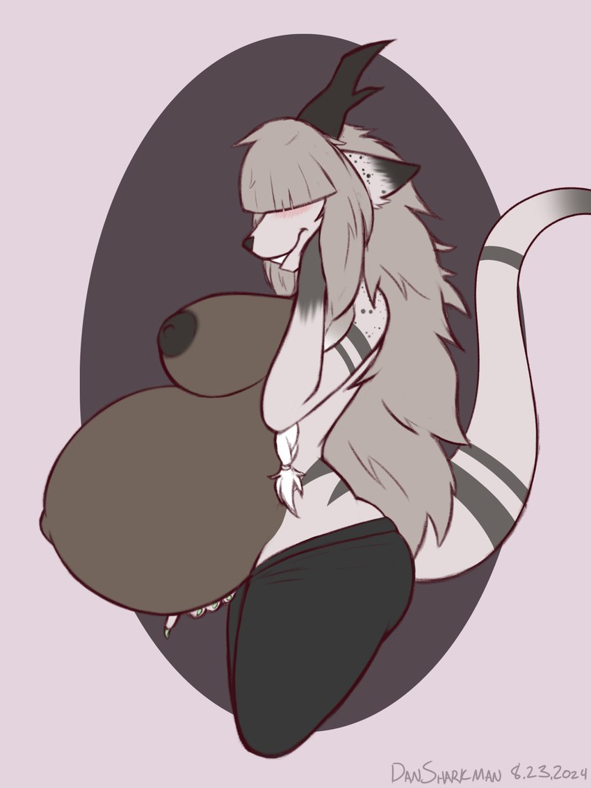 anthro antlers belly big_belly big_breasts big_butt black_nipples blush bottomwear braided_hair breasts butt clothing dark_nipples ear_tuft embarrassed female fluffy fluffy_tail fur grey_body grey_fur hair hair_over_eye hand_on_belly hand_on_face horn huge_breasts long_hair navel nipples outie_navel overweight overweight_anthro overweight_female pants pregnant pregnant_anthro pregnant_female side_boob side_view simple_background smile solo striped_body striped_fur stripes tail thick_thighs tuft white_body white_fur wide_hips yoga_pants dansharkman ashley_(vinthebat) deer hybrid mammal mountain_deer_dragon 3:4 digital_media_(artwork) half-length_portrait hi_res portrait