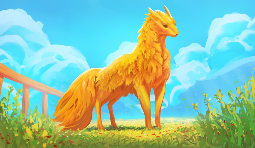 ambiguous_gender blue_sky cloud feral flower fur generic_flower grass meadow orange_body orange_fur plant sky solo tail dsw7 canid canine fox hybrid mammal hi_res