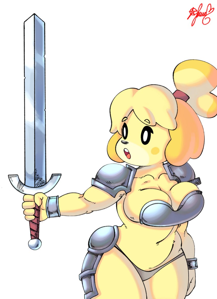 anthro armor clothing female melee_weapon simple_background solo surprised_expression sword thong unconvincing_armor underwear weapon white_background wristband panthera_cantus animal_crossing nintendo isabelle_(animal_crossing) canid canine canis domestic_dog mammal colored hi_res