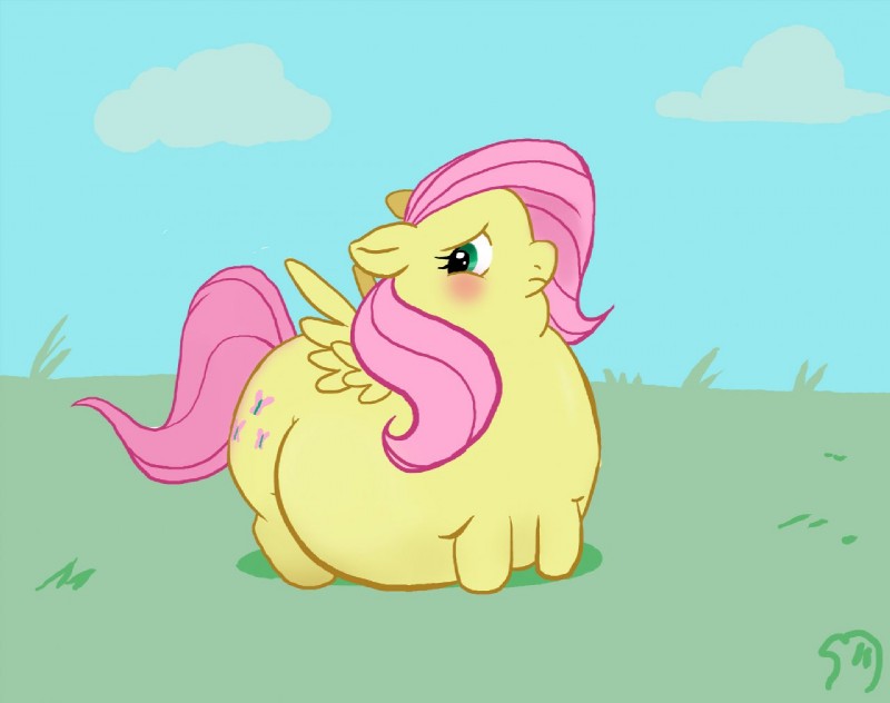 belly blush cloud cutie_mark feathered_wings feathers female feral fur green_eyes hair outside overweight overweight_female overweight_feral pink_hair quadruped sky solo tail wings yellow_body yellow_feathers yellow_fur featherhead friendship_is_magic hasbro my_little_pony mythology fluttershy_(mlp) equid equine mammal mythological_creature mythological_equine pegasus