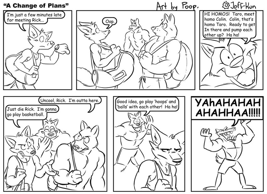 anthro bag clothed clothing dialogue group homophobia male muscular muscular_male pecs text topless trolling leafdog poop_(artist) closet_coon colin_young rick_mooney taro_nishikawa akita canid canine canis domestic_dog fox hybrid mammal shiba_inu spitz wolf 2005 comic english_text monochrome