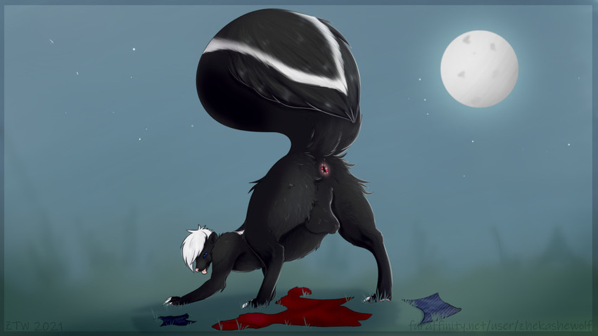 anal_glands balls butt clothing feral fur genitals male moon scenery solo torn_clothing transformation zhekathewolf mammal mephitid skunk werecreature weremephitid wereskunk 16:9 widescreen