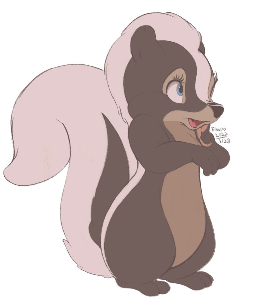 anthro black_body black_fur blue_eyes eyelashes fur open_mouth simple_background solo standing tongue white_background white_body white_fur conditional_dnp tohupo bambi_(film) disney flower_(bambi) mammal mephitid skunk 2022 dated digital_media_(artwork) hi_res signature