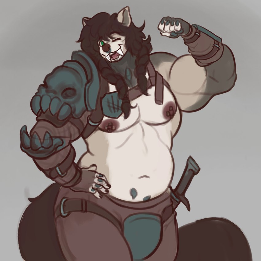 anthro armor barbell_piercing braided_hair brown_hair flexing flexing_bicep fur grey_background hair harness long_fangs male multicolored_body multicolored_fur muscle_tone muscular muscular_anthro muscular_male nipple_barbell nipple_piercing nipples one_eye_closed open_mouth open_smile pecs piercing simple_background smile solo tan_body tan_fur two_tone_body two_tone_fur unconvincing_armor white_body white_fur wide_eyed wink diadorin valcairan_(skriddha) canid canine canis mammal wolf 1:1 2024 absurd_res hi_res