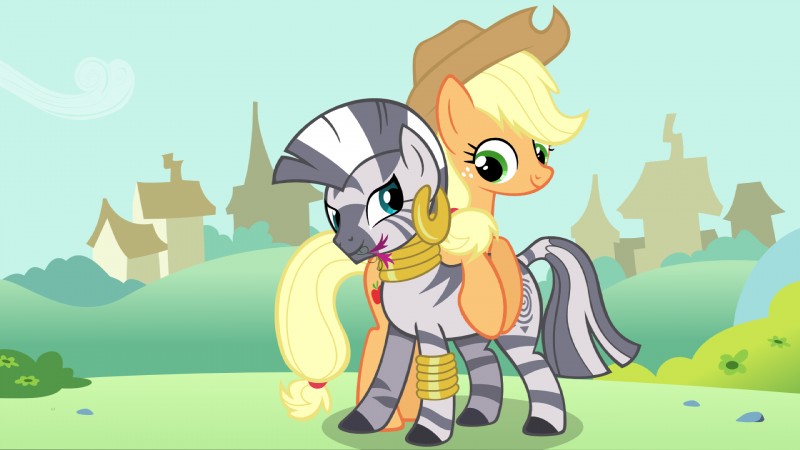 blonde_hair blue_eyes building clothing cloud cowboy_hat cutie_mark duo ear_piercing female feral flower fur grass green_eyes hair hat headgear headwear orange_body orange_fur outside piercing plant quadruped romantic romantic_couple shrub sky stripes tail adcoon friendship_is_magic hasbro my_little_pony applejack_(mlp) zecora_(mlp) earth_pony equid equine horse mammal pony zebra 16:9 2012 hi_res widescreen