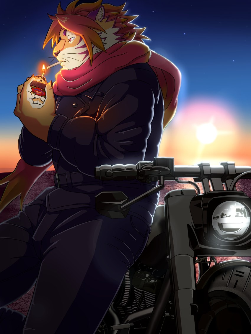 anthro cigarette clothing fur hair jacket leather leather_clothing leather_jacket leather_topwear male motorcycle muscular muscular_anthro muscular_male red_hair smoking solo striped_body striped_fur stripes topwear vehicle tamineko lifewonders tokyo_afterschool_summoners nomad_(tas) felid mammal pantherine tiger 3:4 absurd_res hi_res