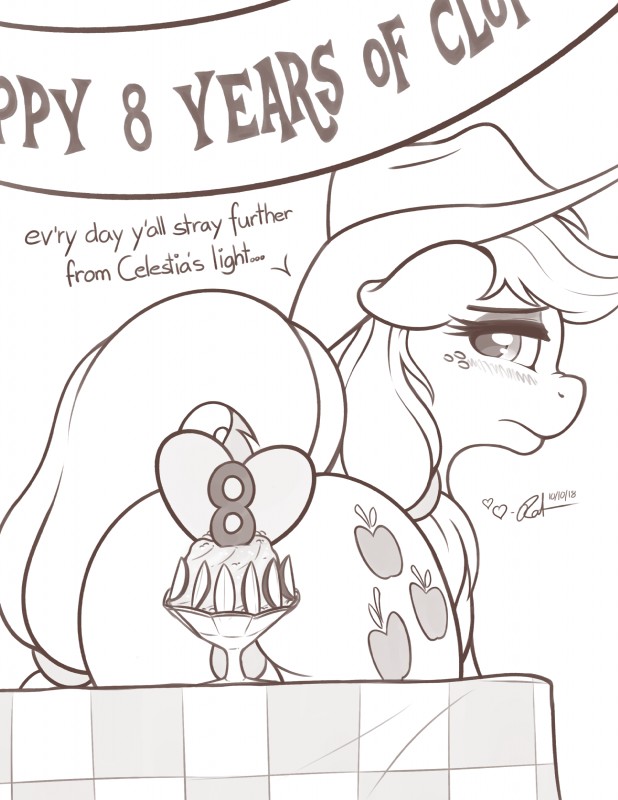 blush butt clothing cutie_mark dessert dock_(anatomy) female feral food food_fetish food_play freckles furniture genitals hair hat headgear headwear looking_at_viewer looking_back pussy quadruped solo table tail text ratofdrawn friendship_is_magic hasbro my_little_pony applejack_(mlp) earth_pony equid equine horse mammal pony 2018 absurd_res english_text greyscale hi_res monochrome