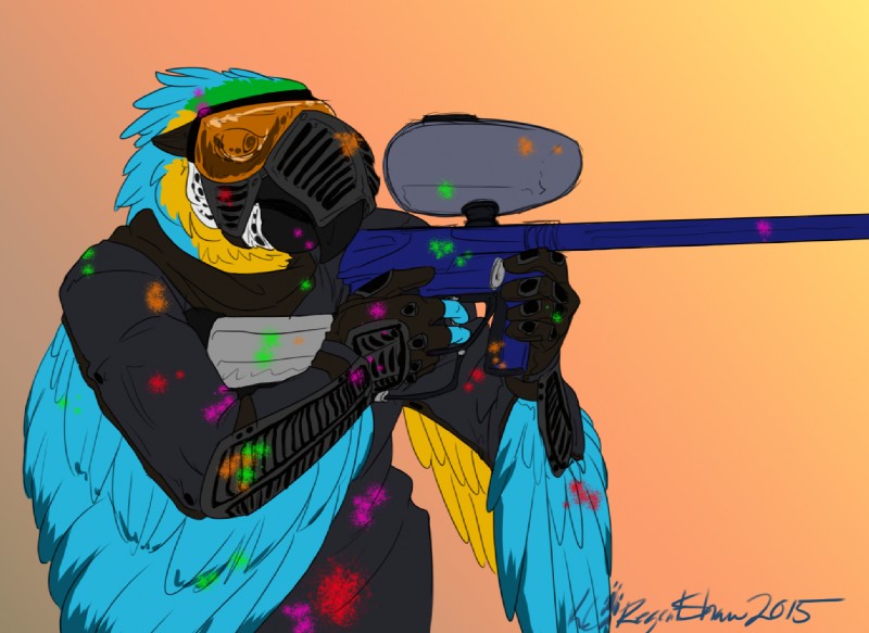 anthro beak biped clothed clothing eyewear feathers goggles male paintball_gun simple_background solo standing regentshaw ara_(genus) avian bird blue-and-yellow_macaw macaw neotropical_parrot parrot true_parrot 2015