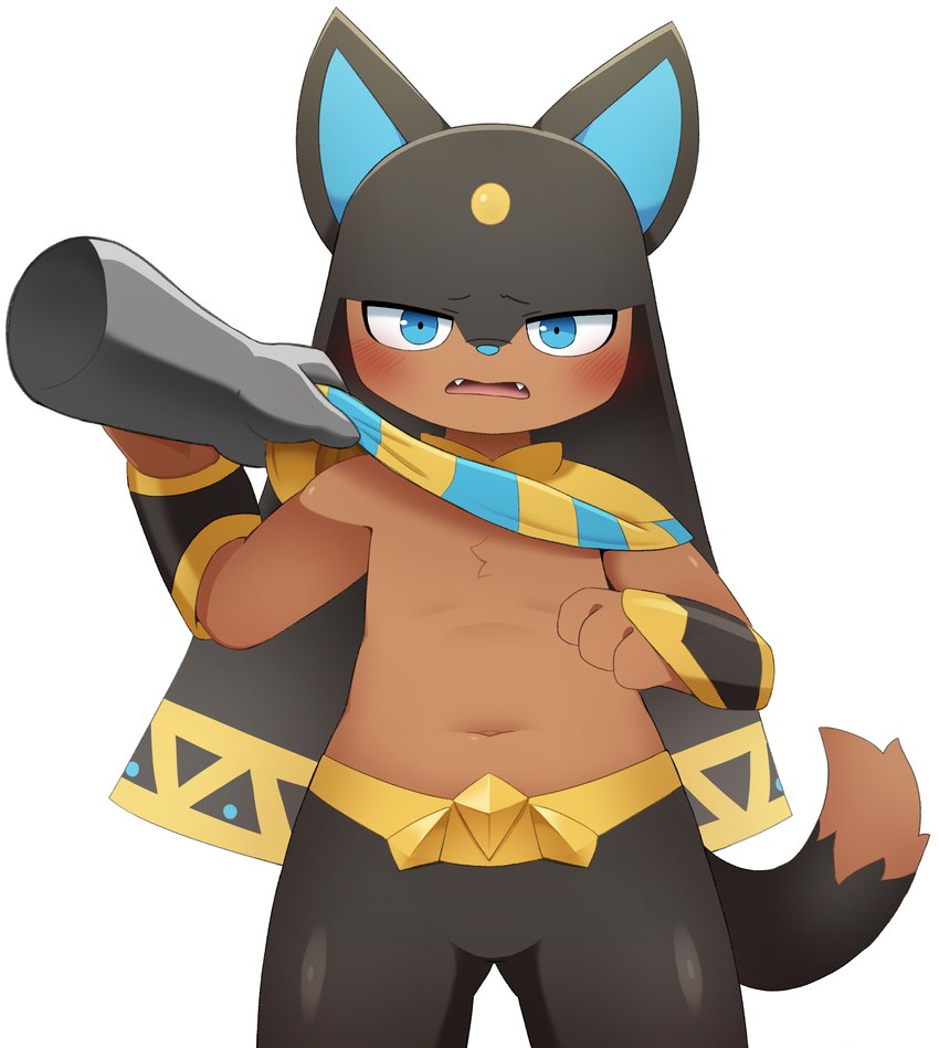 anthro belly black_body black_ears black_fur black_tail blue_eyes blue_inner_ear blue_nose blush brown_body brown_fur brown_tail clothed clothing clothing_lift fingers fur male navel partially_clothed shirt shirt_lift tail teeth tongue topwear young young_anthro young_male sum palworld pocketpair anubis_(pal) canid canine mammal pal_(species) hi_res