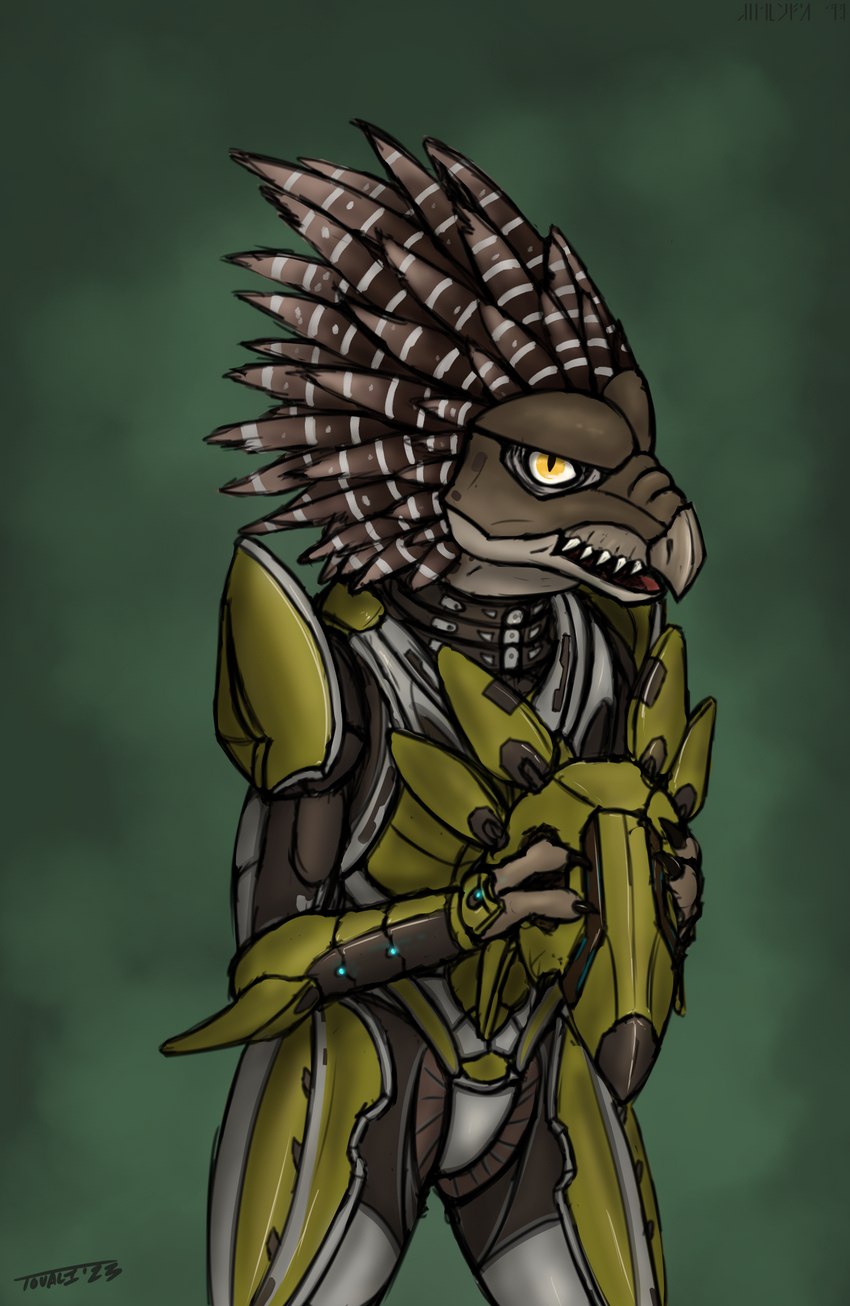 3_fingers ambiguous_gender anthro armor beak brown_body brown_feather_hair brown_feathers claws cuirass cuisse fangs feather_hair feathered_crest feathers finger_claws fingers green_armor grey_body grey_skin head_crest headgear helmet holding_armor holding_headgear holding_helmet holding_object looking_at_viewer open_mouth pseudo_hair pupils simple_background slit_pupils solo spaulder teeth vambrace yellow_eyes toddavali halo_(series) microsoft xbox_game_studios cor_zan alien avian kig-yar scalie t'vaoan 2023 colored hi_res shaded simple_shading female_(lore)