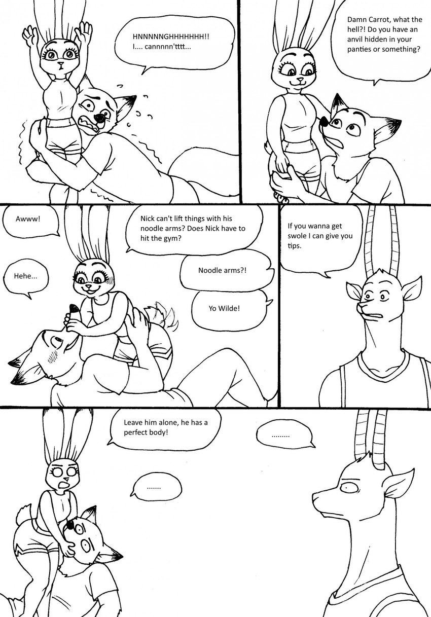 4_fingers anthro anthro_on_anthro bottomwear breasts butt claws clenched_teeth clothed clothing dialogue female finger_claws fingers fur group horn humanoid_hands male male/female shorts smile speech_bubble standing straining tail tail_motion tailwag teeth text trio bernielover bernielover's_college_au disney zootopia judy_hopps nick_wilde troy_(bernielover) antelope bovid canid canine fox lagomorph leporid mammal rabbit red_fox true_fox 2023 comic english_text hi_res monochrome