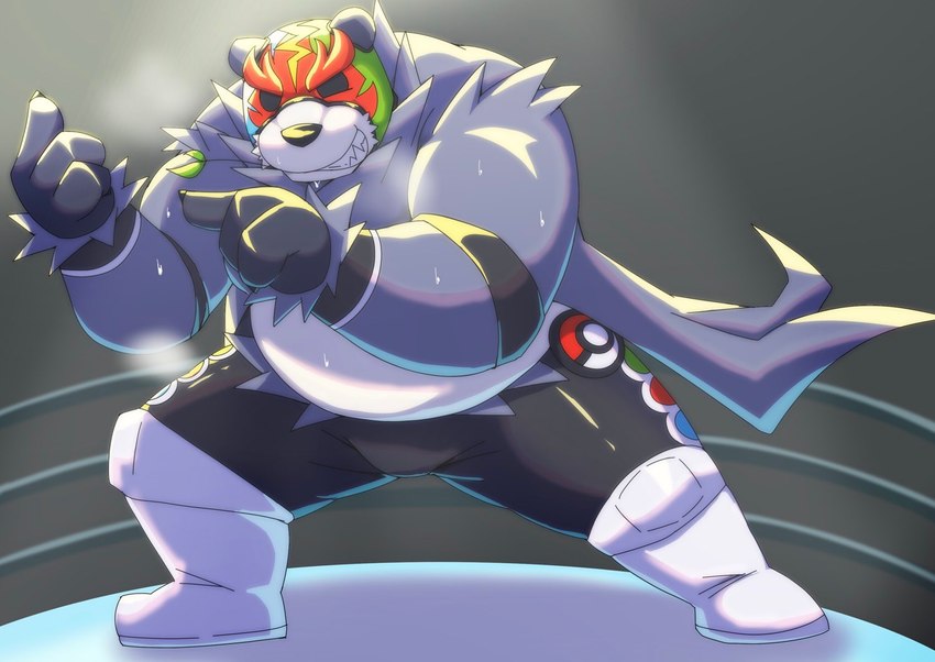 anthro belly black_body black_nose bodily_fluids bottomwear clothing fighting_ring kemono male mask overweight overweight_male pants solo sweat white_body emufu nintendo pokemon generation_6_pokemon pangoro pokemon_(species) 2023