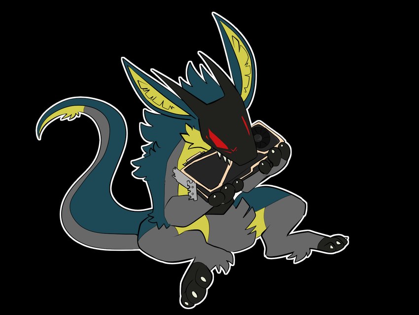 anthro claws fangs fluffy fur graphics_card green_body green_fur grey_body grey_fur male paws red_eyes screen screen_face silly solo tail teeth yellow_body yellow_fur rtf-m brom_(sahurus) mantled_beast hi_res